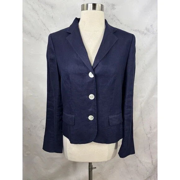 Lauren Ralph Lauren Navy Linen Blazer Jacket Coat Womens 10 P Lined Officecore - Picture 3 of 15